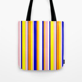 [ Thumbnail: Eye-catching Dark Orange, Blue, White, Light Pink, and Yellow Colored Stripes Pattern Tote Bag ]