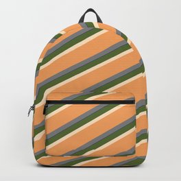 [ Thumbnail: Vibrant Dark Olive Green, Bisque, Brown, Gray, and Dark Blue Colored Striped Pattern Backpack ]