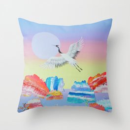 In Flight  - Crane in Sunset Landscape - acrylic on canvas Throw Pillow