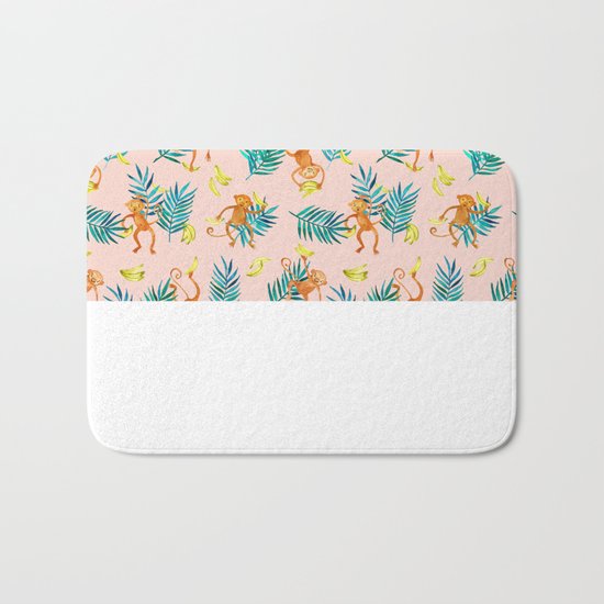 Tropical Monkey Banana Bonanza on Blush Pink Bath Mat