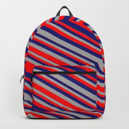 [ Thumbnail: Midnight Blue, Dark Grey & Red Colored Striped/Lined Pattern Backpack ]