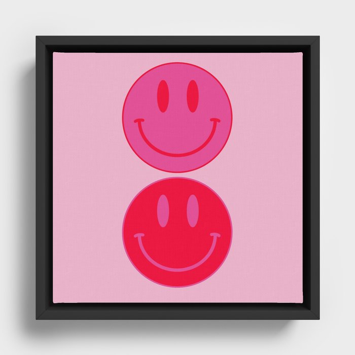 Large Pink and Red Vsco Smiley Face Pattern - Preppy Aesthetic Framed Canvas