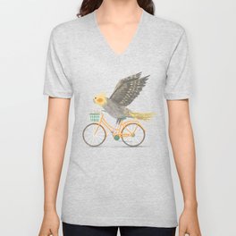 Cockatiel on a Bicycle V Neck T Shirt