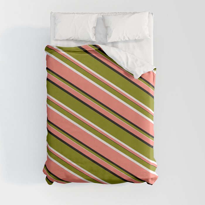 Salmon, Black, Green, and White Colored Lines Pattern Duvet Cover