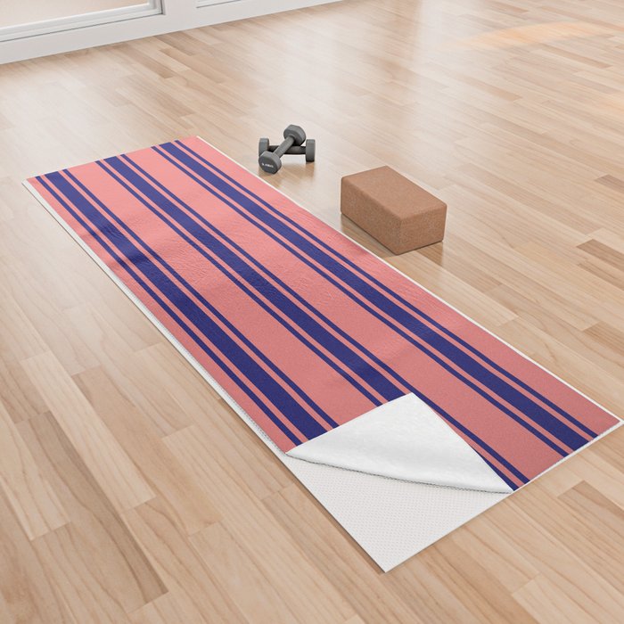 Light Coral and Midnight Blue Colored Striped/Lined Pattern Yoga Towel