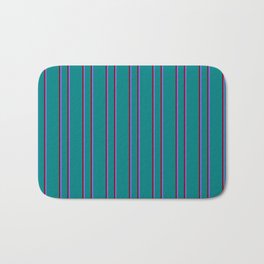 [ Thumbnail: Teal, Maroon & Medium Slate Blue Colored Lined/Striped Pattern Bath Mat ]