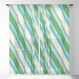 [ Thumbnail: Light Yellow, Deep Sky Blue, Forest Green & Grey Colored Stripes Pattern Sheer Curtain ]
