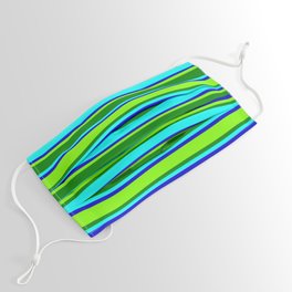 [ Thumbnail: Aqua, Blue, Chartreuse, and Green Striped Pattern Face Mask ]