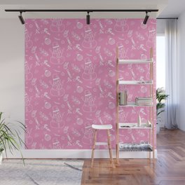 Pink and White Christmas Snowman Doodle Pattern Wall Mural