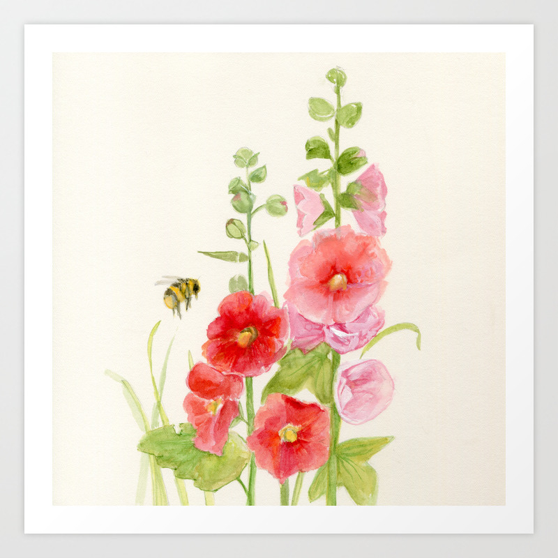 Watercolor Flower Pink Hollyhock And Bee Art Print By Betweentheweeds Society6