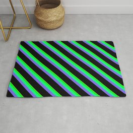 [ Thumbnail: Eye-catching Tan, Lime, Green, Medium Slate Blue & Black Colored Striped/Lined Pattern Rug ]