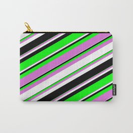 [ Thumbnail: Lime, Orchid, White & Black Colored Lined/Striped Pattern Carry-All Pouch ]