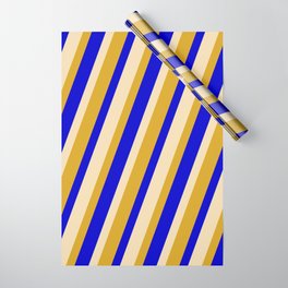 [ Thumbnail: Tan, Goldenrod, and Blue Colored Stripes/Lines Pattern Wrapping Paper ]