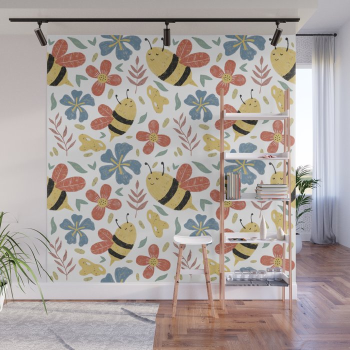 Cute Honey Bees and Flowers Wall Mural