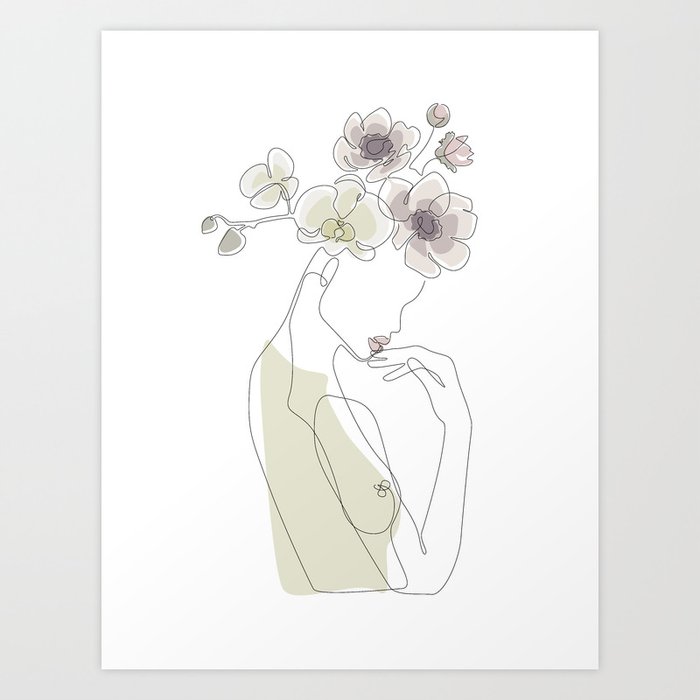 Blooming Dreamer / Girl portrait with pastel flowers on her head / Explicit Design line drawing Art Print