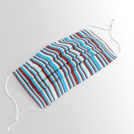 [ Thumbnail: Deep Sky Blue, Dark Red & Light Cyan Colored Pattern of Stripes Face Mask ]