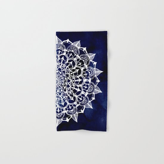 White Lace Medallion on Ink Blue Hand & Bath Towel