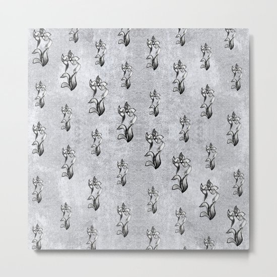 Abstract black white shine neon flowers on silver Metal Print
