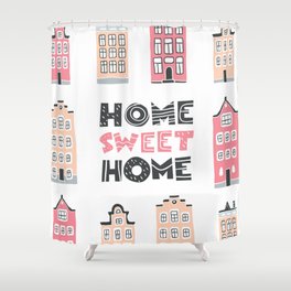 Decorative doodle houses collection. Stylised city with home sweet home lettering. Street. Cottages. Scandinavian city landscape. Hand drawn. Shower Curtain