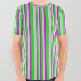 [ Thumbnail: Fuchsia, Lime, and Light Grey Colored Lined/Striped Pattern All Over Graphic Tee ]