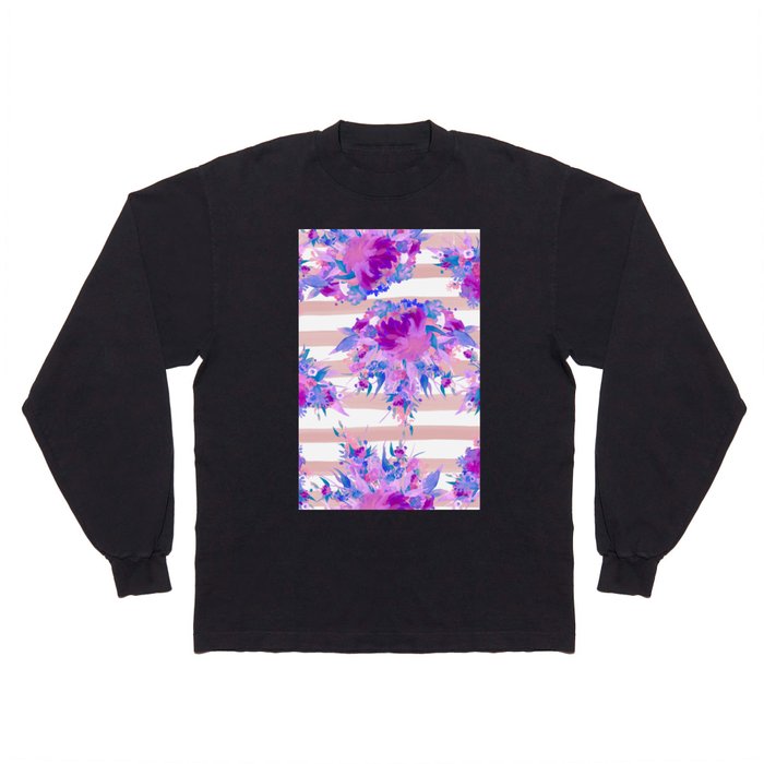 Abstract Fuchsia Pink Lavender Blue Watercolor Floral Stripes Long Sleeve T Shirt