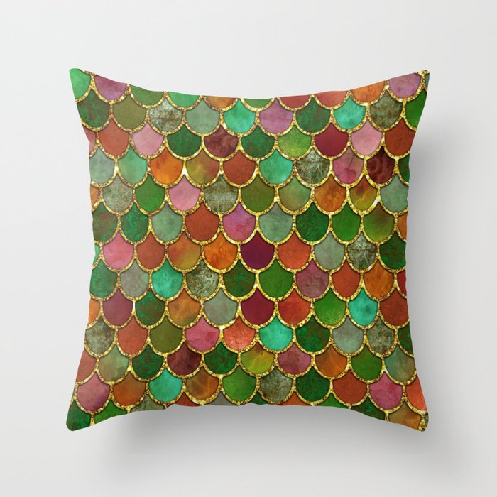 Greens & Gold Mermaid Scales Throw Pillow