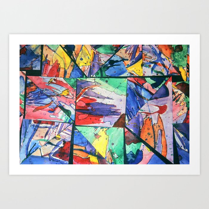 Bright and Colorful Painted Cut Paper Collage, Triangular Abstract Art Print