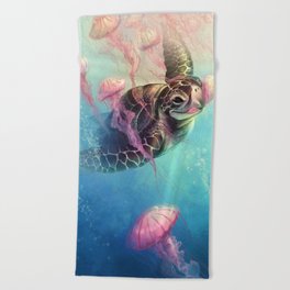 Sea Turtle and Jellyfish! Beach Towel