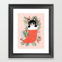 Cat on a sock. Holiday. Christmas Framed Art Print