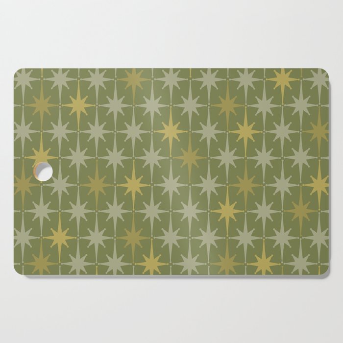 Midcentury Modern Atomic Starburst Pattern in Retro Olive Green and Vintage Celadon Tones Cutting Board