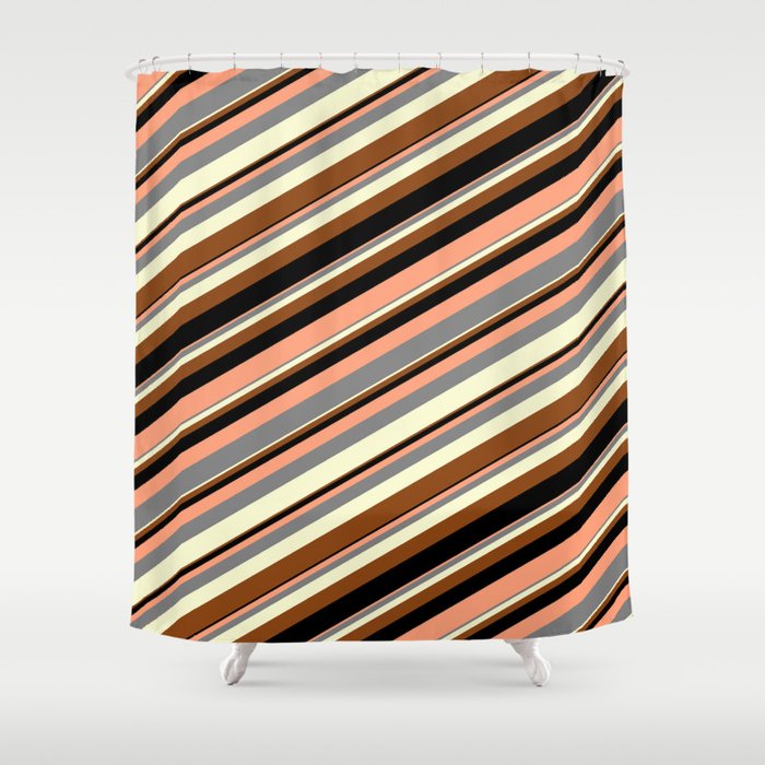 Colorful Light Salmon, Grey, Light Yellow, Brown, and Black Colored Stripes Pattern Shower Curtain