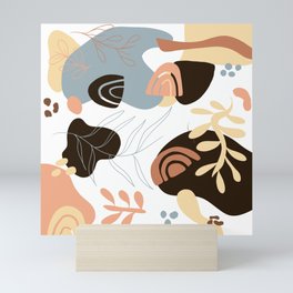 Retro abstract brown blue shape floral rainbow pattern Mini Art Print