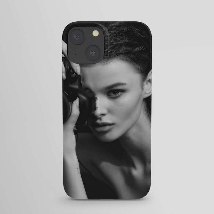 The girl in the camera black and white fashion glamour beautiful portrait photograph iPhone Case
