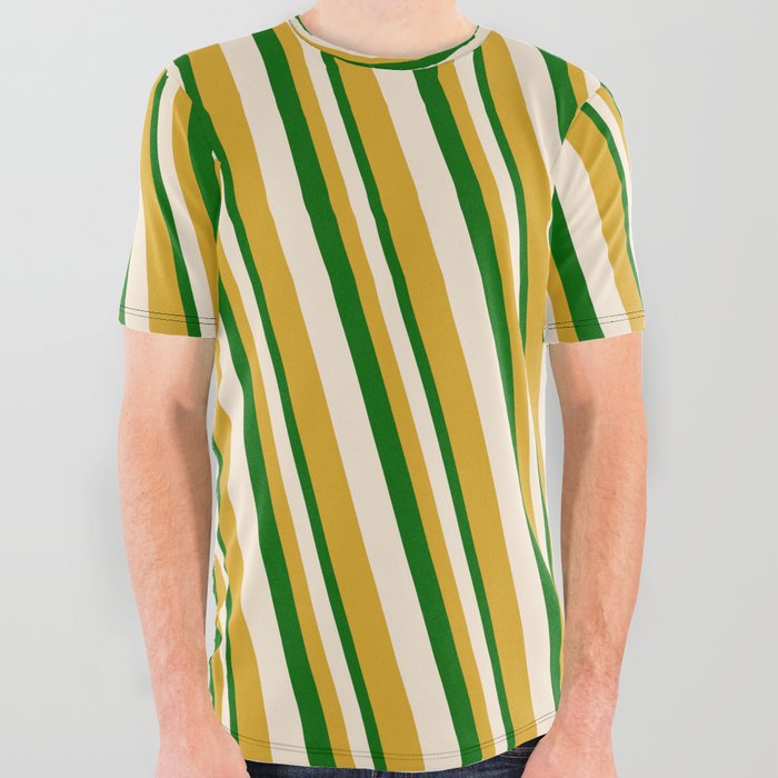 Dark Green, Beige, and Goldenrod Colored Stripes/Lines Pattern All Over Graphic Tee