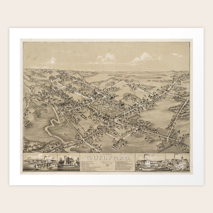 Vintage Pictorial Map of Guilford CT (1881) Art Print by BravuraMedia | Society6