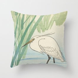 Egret and blue swamp flowers - Vintage Japanese Woodblock Print Throw Pillow