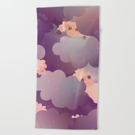 Heavenly Baby Sheep II - Wine Purple / Plum Color, Star Night Sky Background Beach Towel