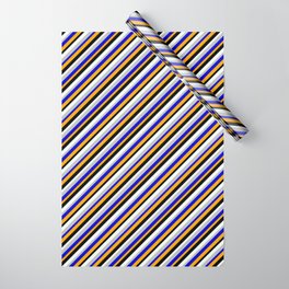 [ Thumbnail: Eyecatching Blue, Orange, Black, Mint Cream, and Grey Colored Lined Pattern Wrapping Paper ]