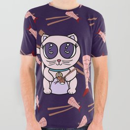 Lucky Cat and Sushi on Plum Background All Over Graphic Tee