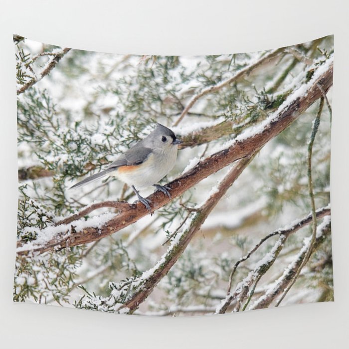 Tufted Titmouse on a Snowy Branch Wall Tapestry