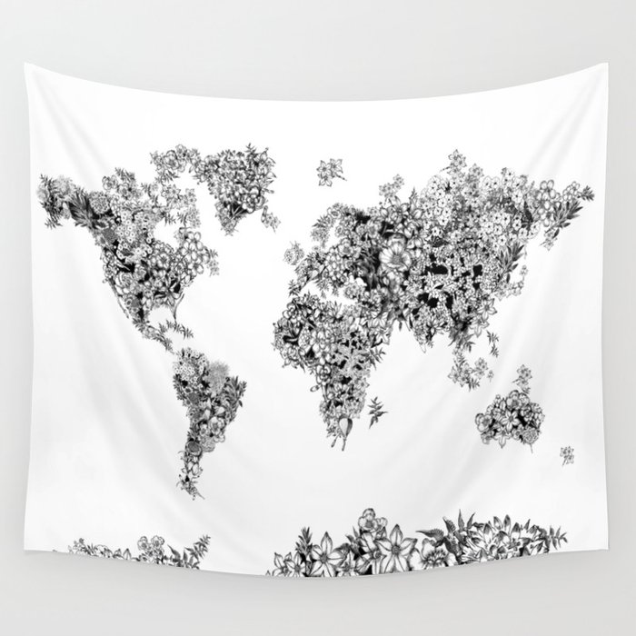 floral world map black and white Wall Tapestry