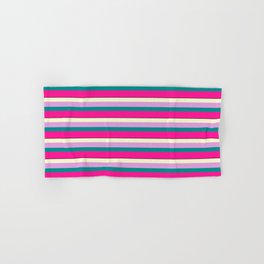 [ Thumbnail: Colorful Light Yellow, Plum, Dark Cyan, Deep Pink & Black Colored Lined Pattern Hand & Bath Towel ]