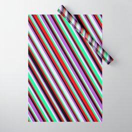 [ Thumbnail: Lavender, Green, Red, Black & Orchid Colored Lines/Stripes Pattern Wrapping Paper ]