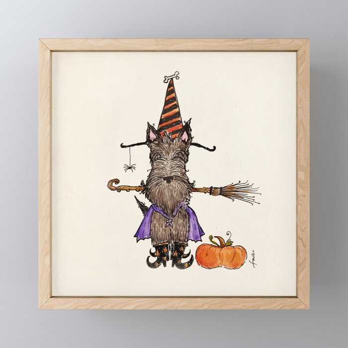 Scottie Scottish Terrier Dog Witch Halloween Framed Mini Art Print