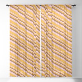 [ Thumbnail: Brown, Pink & Orange Colored Lined/Striped Pattern Sheer Curtain ]