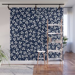 Cotton Stems Botanical Pattern in White and Nautical Navy Blue Wall Mural