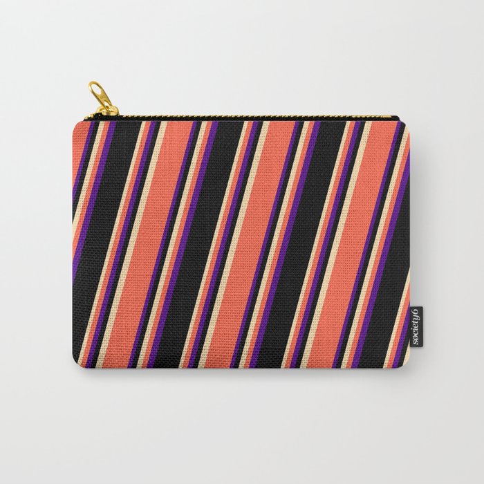 Tan, Red, Indigo, and Black Colored Striped/Lined Pattern Carry-All Pouch