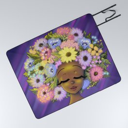 African American Woman with Glowing Flowery Afro Picnic Blanket