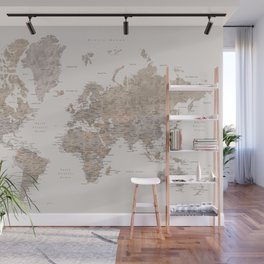 World map with cities in brown and light gray Wall Mural