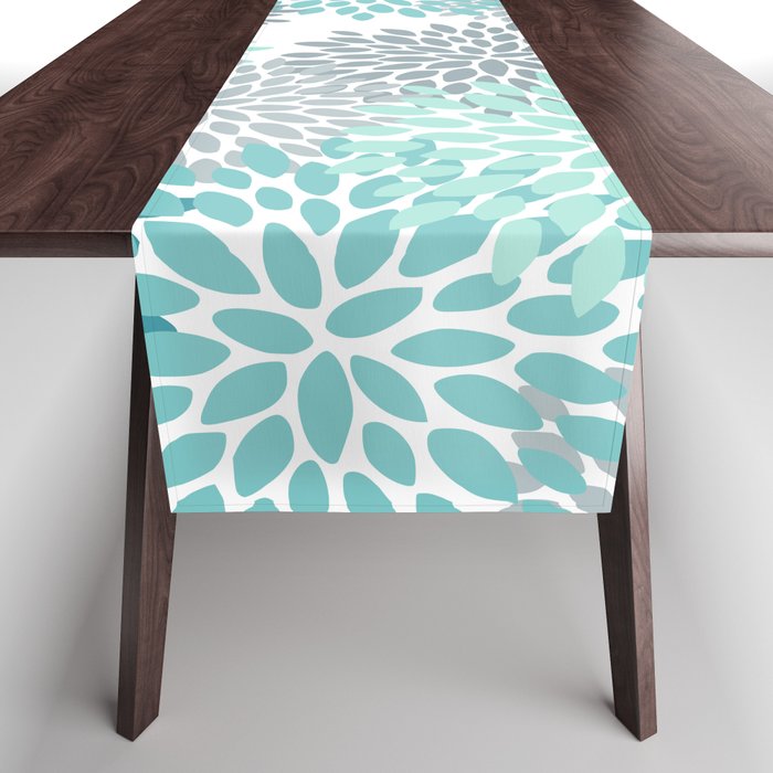 Floral Pattern, Aqua, Teal, Turquoise and Gray Table Runner